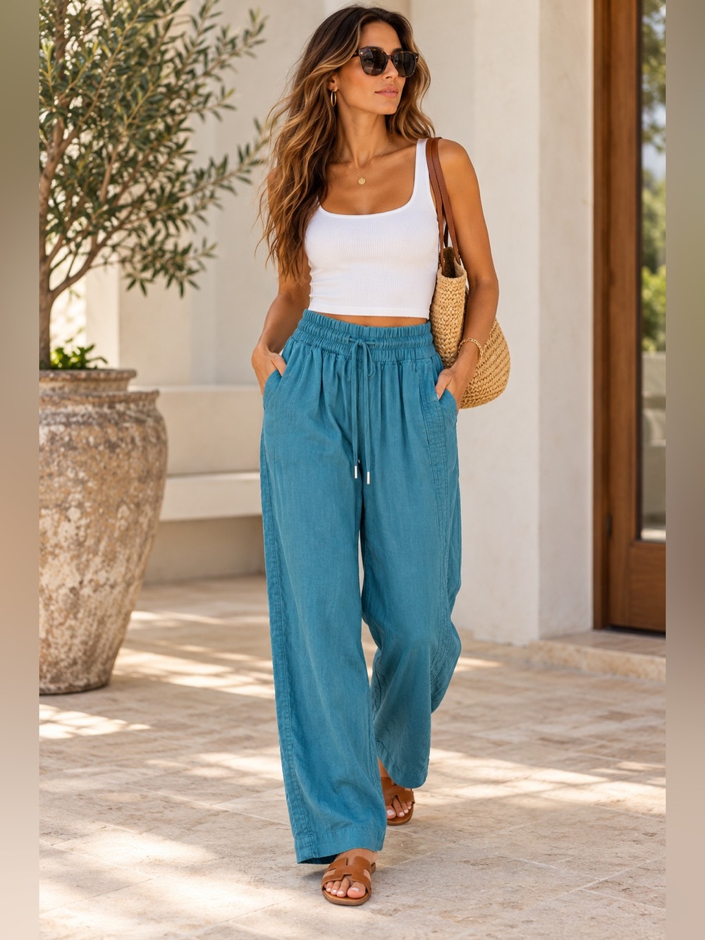 Quince 100% European Linen Wide Leg Drawstring Pants Teal Sz S